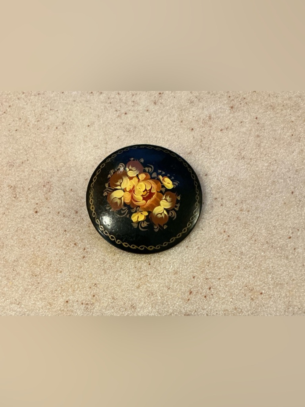 Black Floral Painted Round Brooch with Gold and Yellow Accents